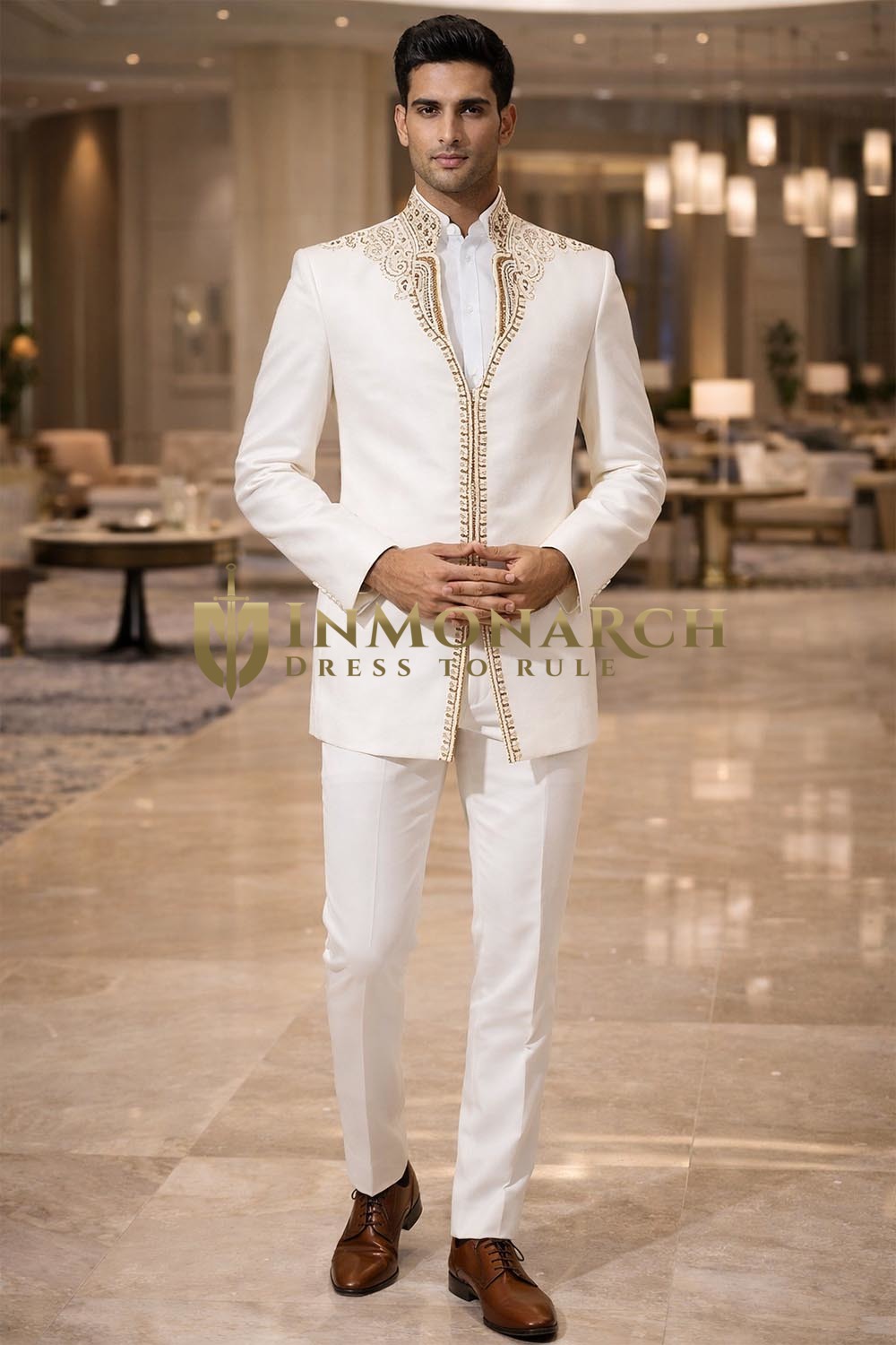 White Linen Festival High Neck Jodhpuri Suit 3pc for Men