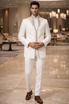 White Linen Festival High Neck Jodhpuri Suit 3pc for Men