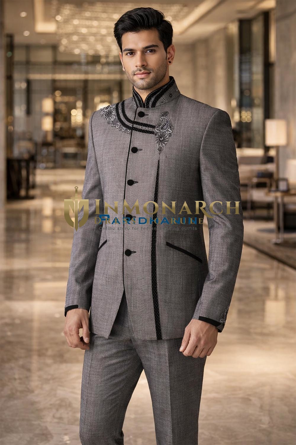 Gray 5 Button Groom Hand Embroidered Jodhpuri Suit for Men