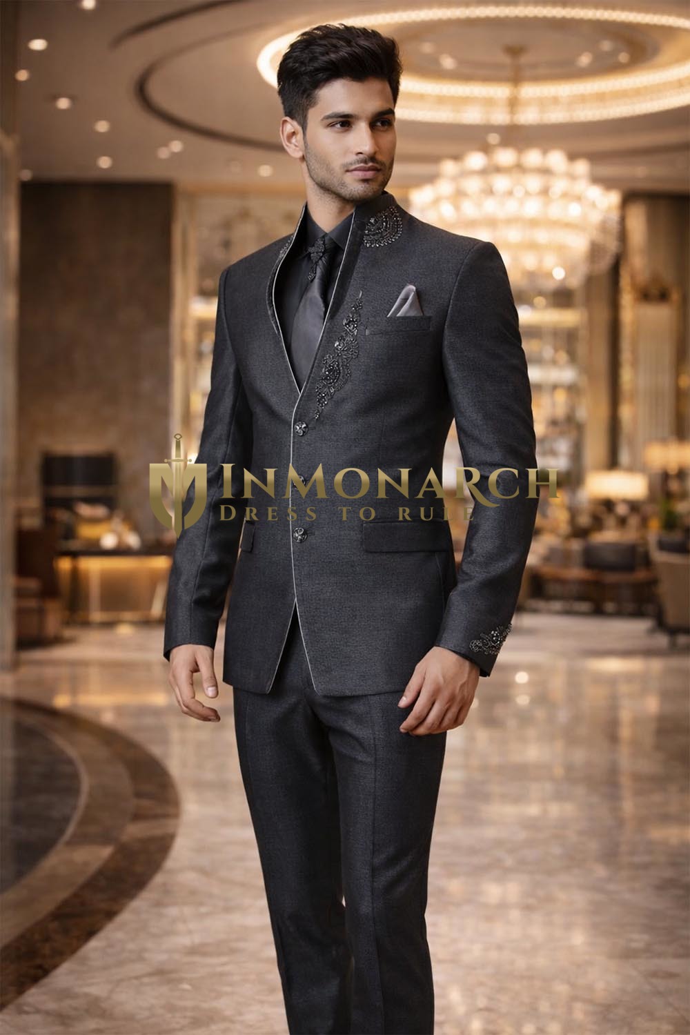 Purple Gray 3 Button Embroidered Jodhpuri Suit for Men – 6 Pc Set