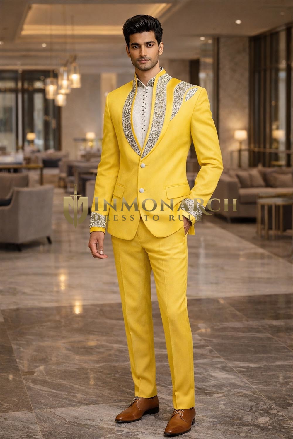 Yellow Designer Embroidered 2 Button Jodhpuri Suit for Men – 3 Pc Set