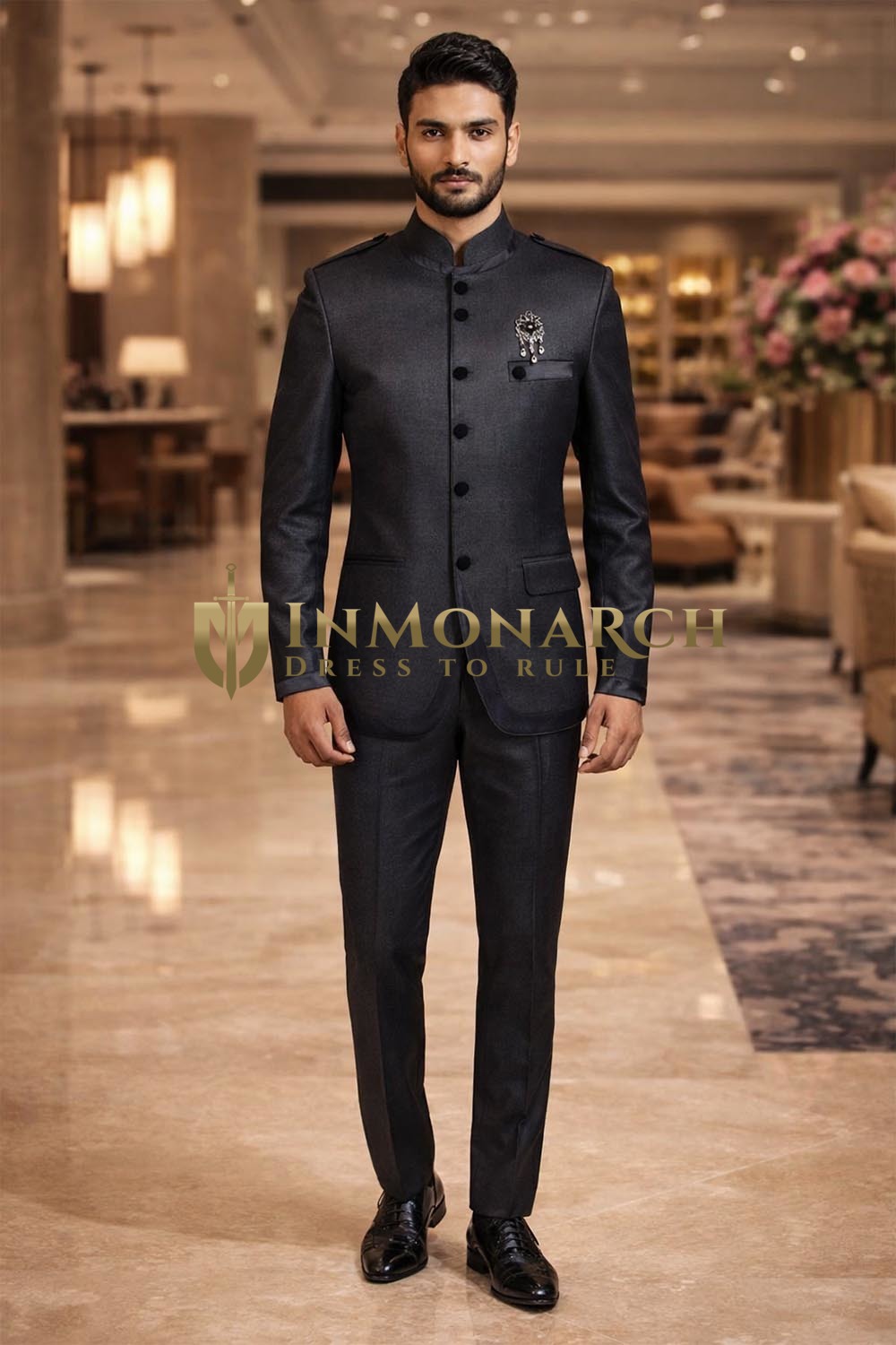 Purple Gray 6 Button Jodhpuri Suit with Epaulettes for Men – 3 Pc Set