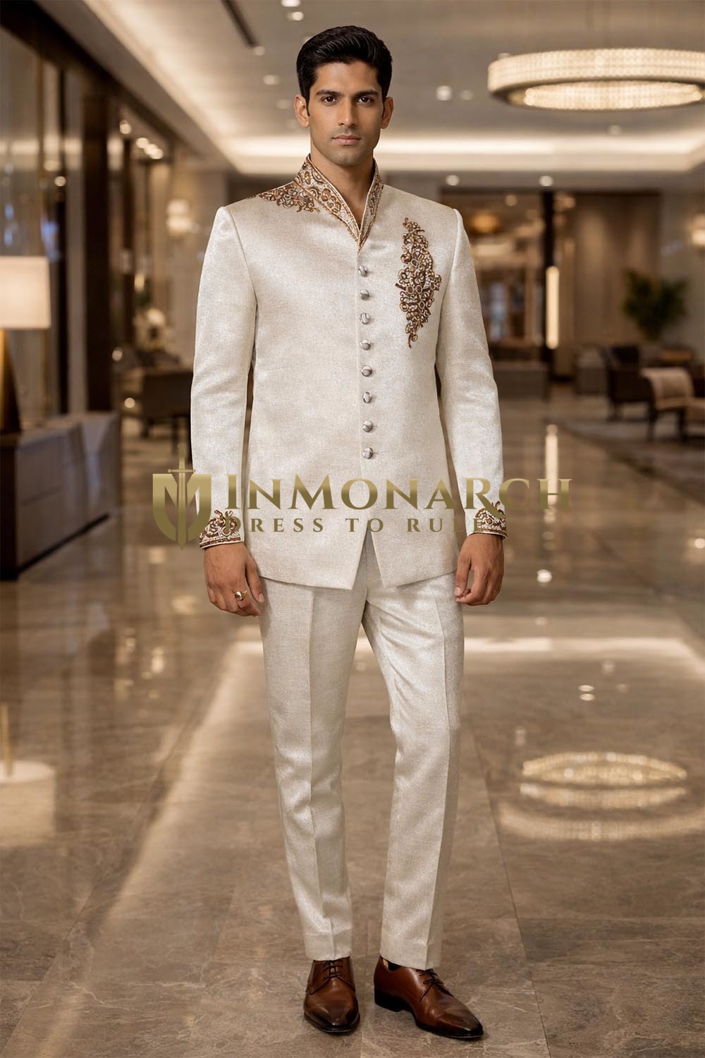 Almond High Neck 9 Button Embroidered Jodhpuri Suit for Men – 2 Pc Set