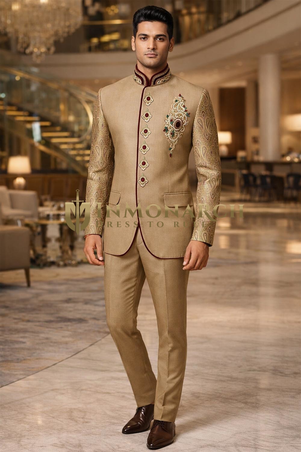 Tan Royal Engagement Concealed Button Jodhpuri Suit for Men – 2 Pc Set