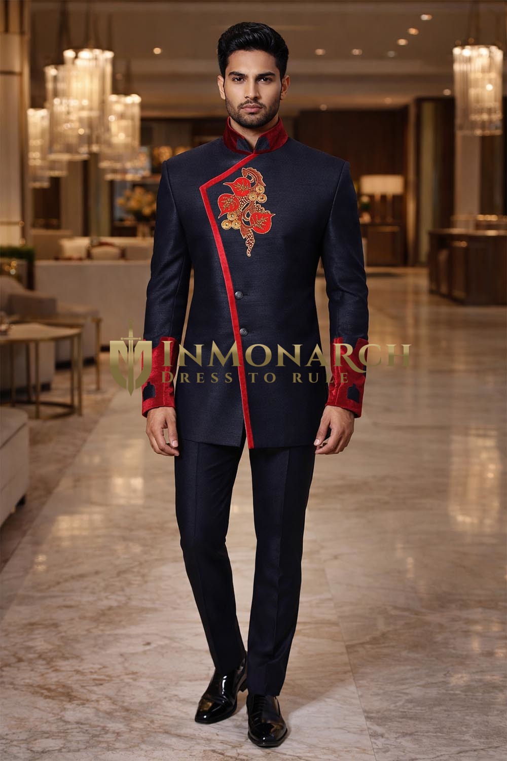 Black Angarakha Jodhpuri Suit 2pc Nehru Collar Groom Wedding Outfit