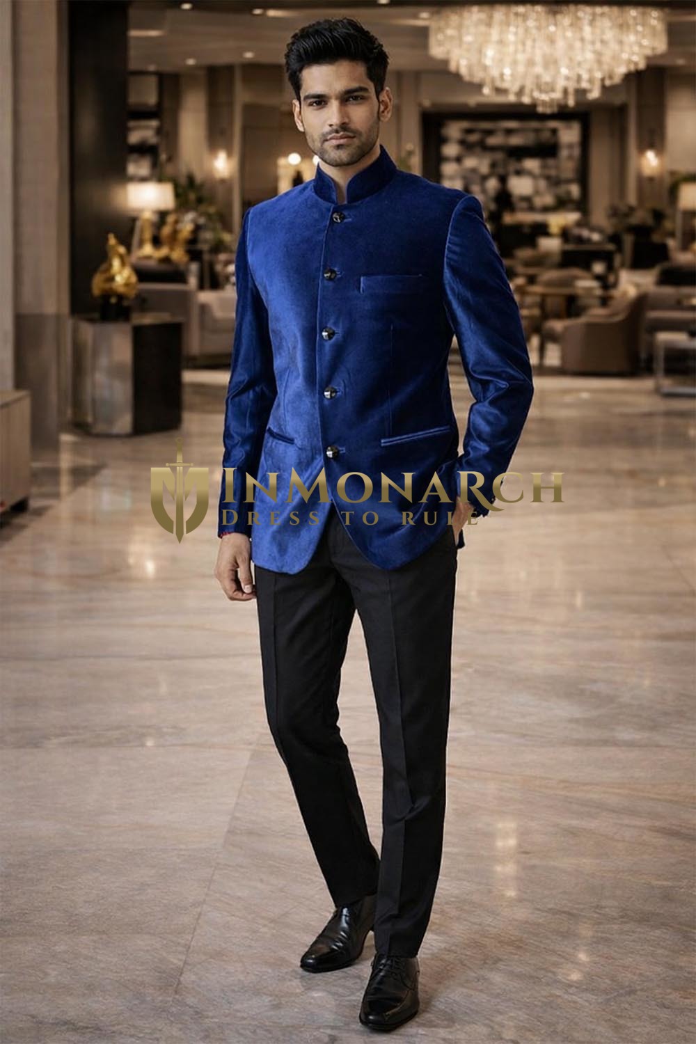 Royal Blue Velvet Jodhpuri Suit 2pc Black Jodhpurs Wedding Attire Set