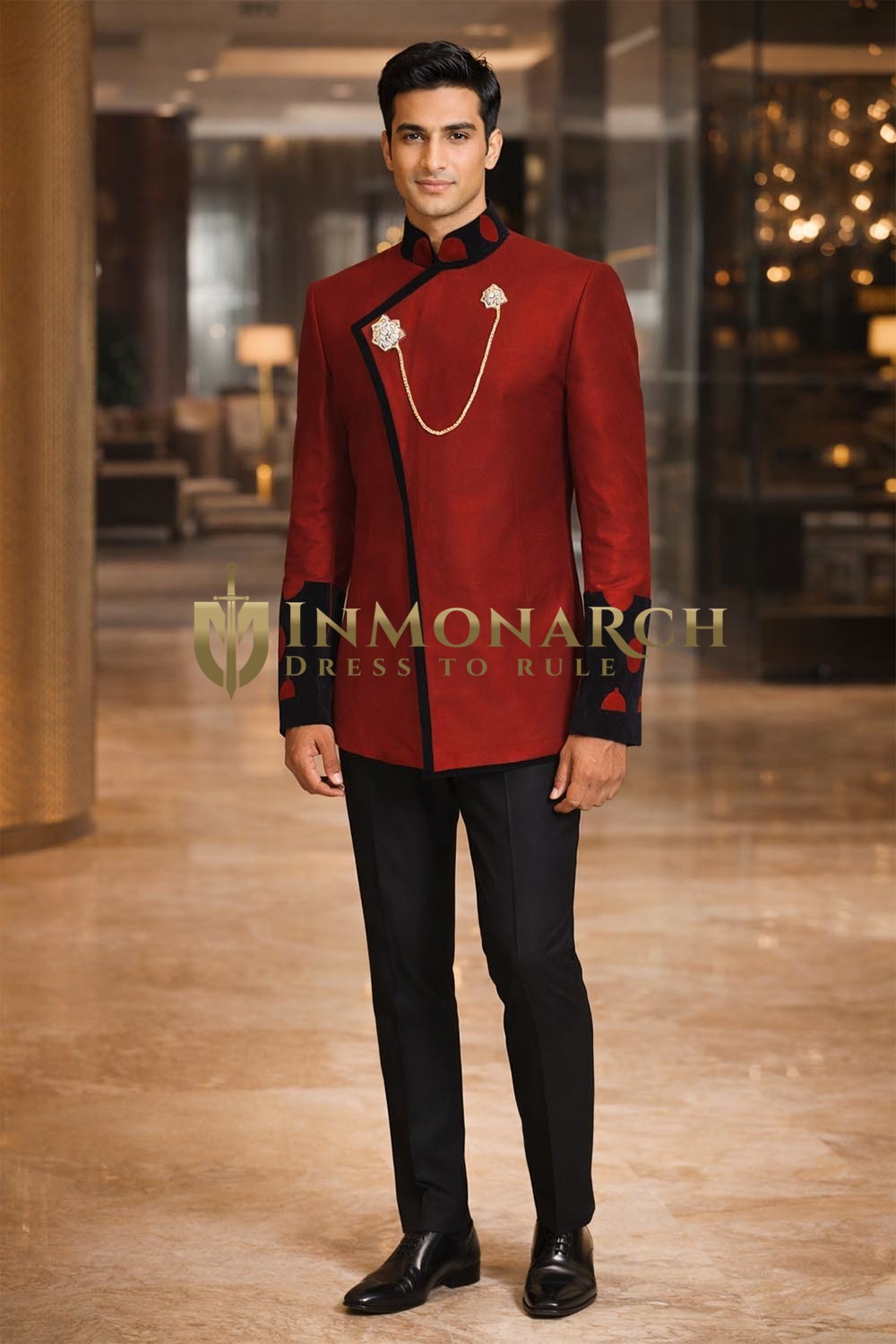 Red Dupion Jodhpuri Suit 3pc Velvet Trim Breeches Wedding Attire Set