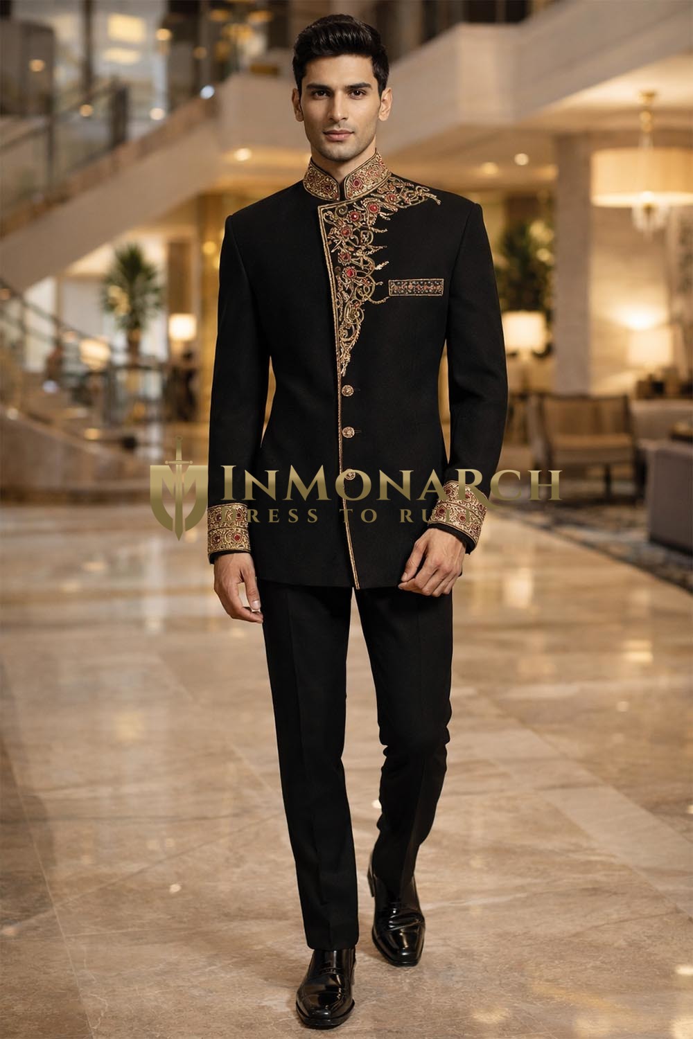 Black Hand Embroidered Jodhpuri Suit 2pc Concealed Button Wedding