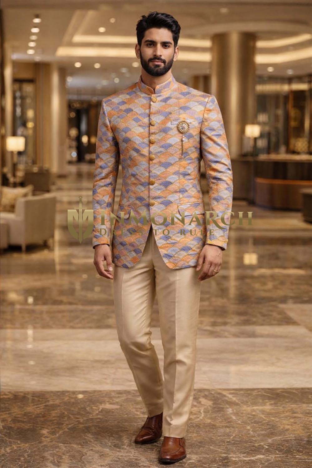 Peach Self Design Jodhpuri Suit 2pc Indian Wedding Attire for Men