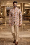 Peach Self Design Jodhpuri Suit 2pc Indian Wedding Attire for Men