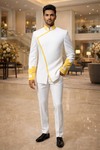 White Silk Jodhpuri Suit 2pc Yellow Patch Vintage Wedding Attire