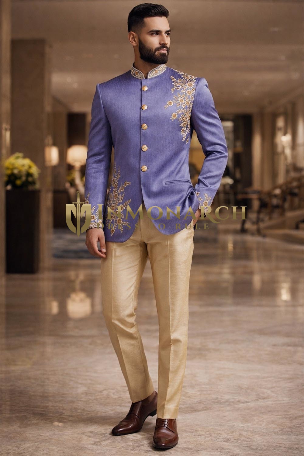 Costume Jodhpuri brodé marron homme