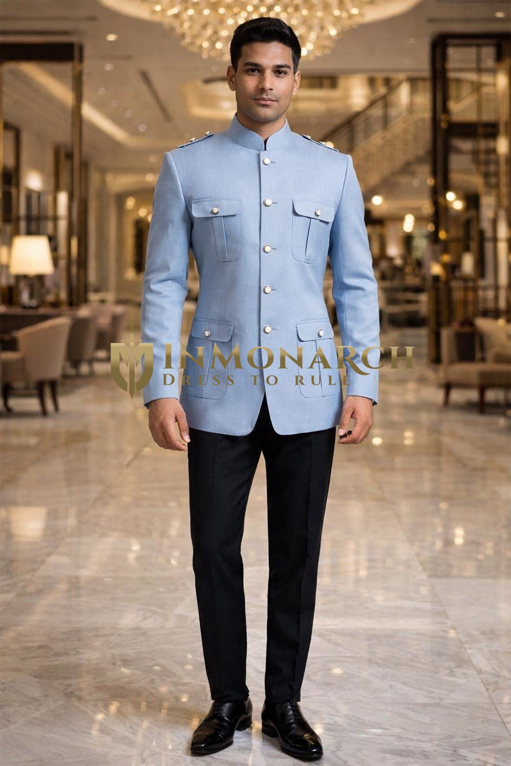 Sky Blue Linen Safari Jodhpuri Suit 2pc Black Pants Attire