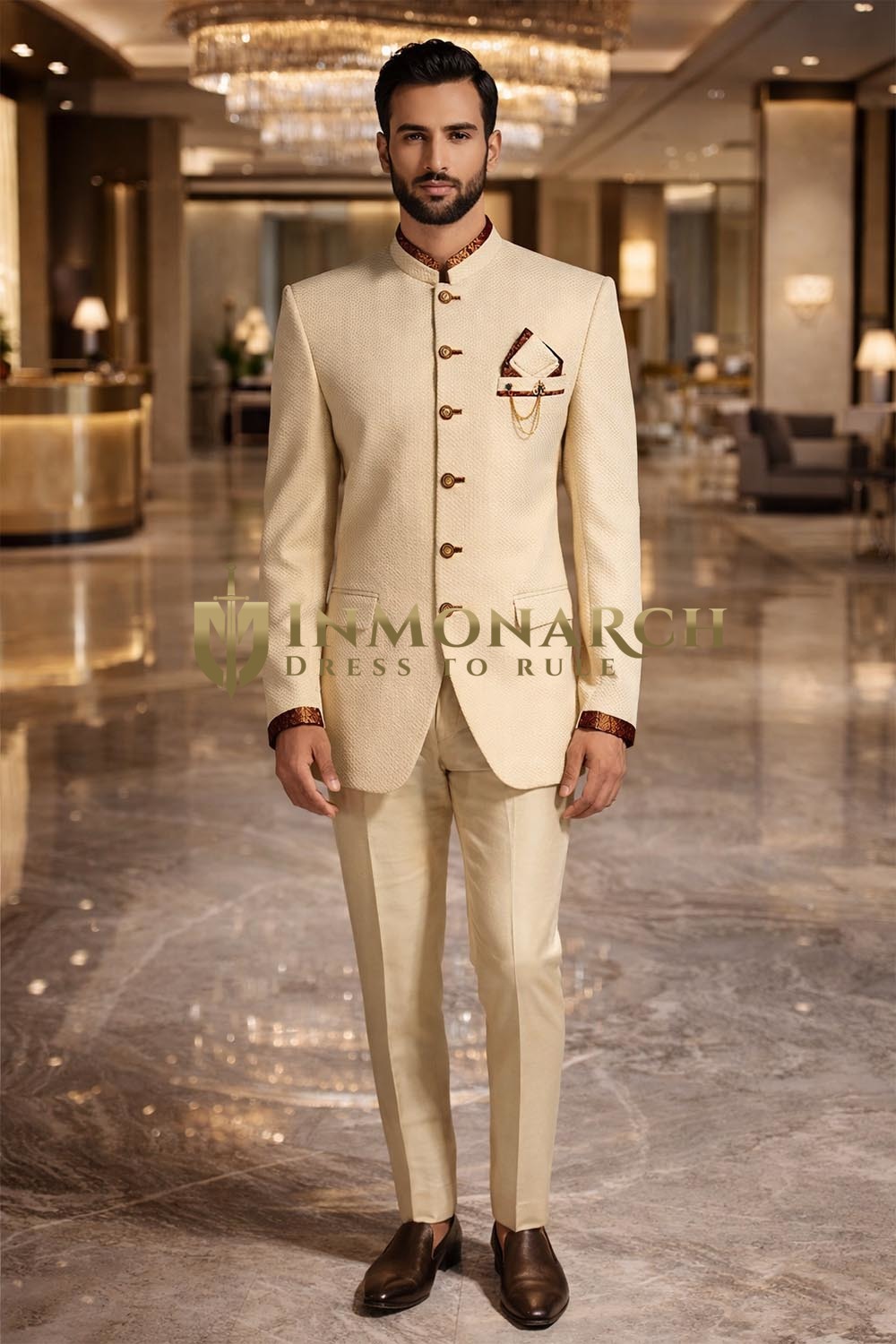 Ivory Jodhpuri Suit 4pc Nehru Collar Groom Wedding Formal Ensemble Set