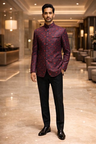 Wine Floral Jodhpuri Suit 2pc Nehru Collar Groom Wedding Party Attire