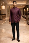 Wine Floral Jodhpuri Suit 2pc Nehru Collar Groom Wedding Party Attire