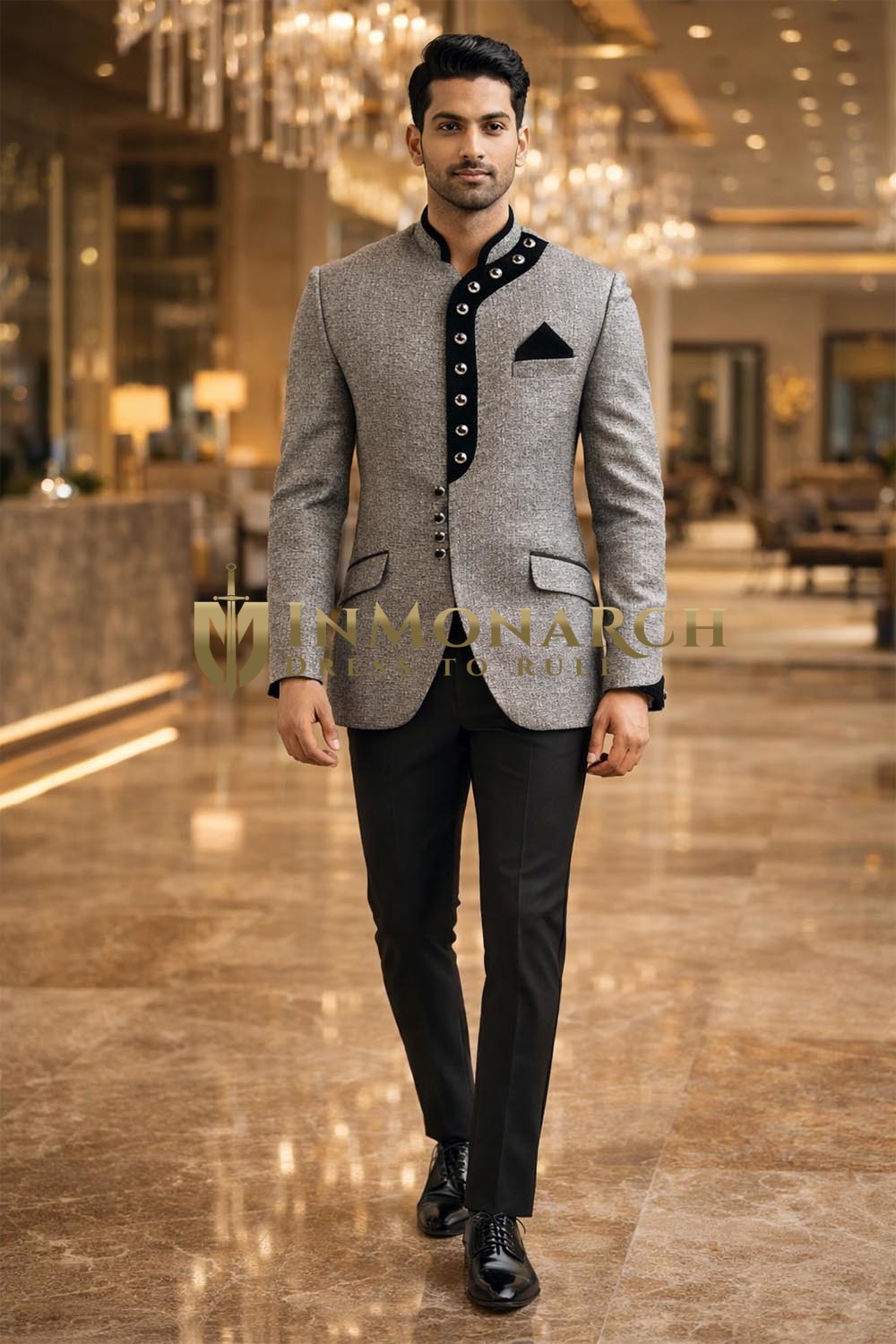 Gray Jodhpuri Suit 3pc Nehru Collar Partywear Wedding Formal Outfit Set