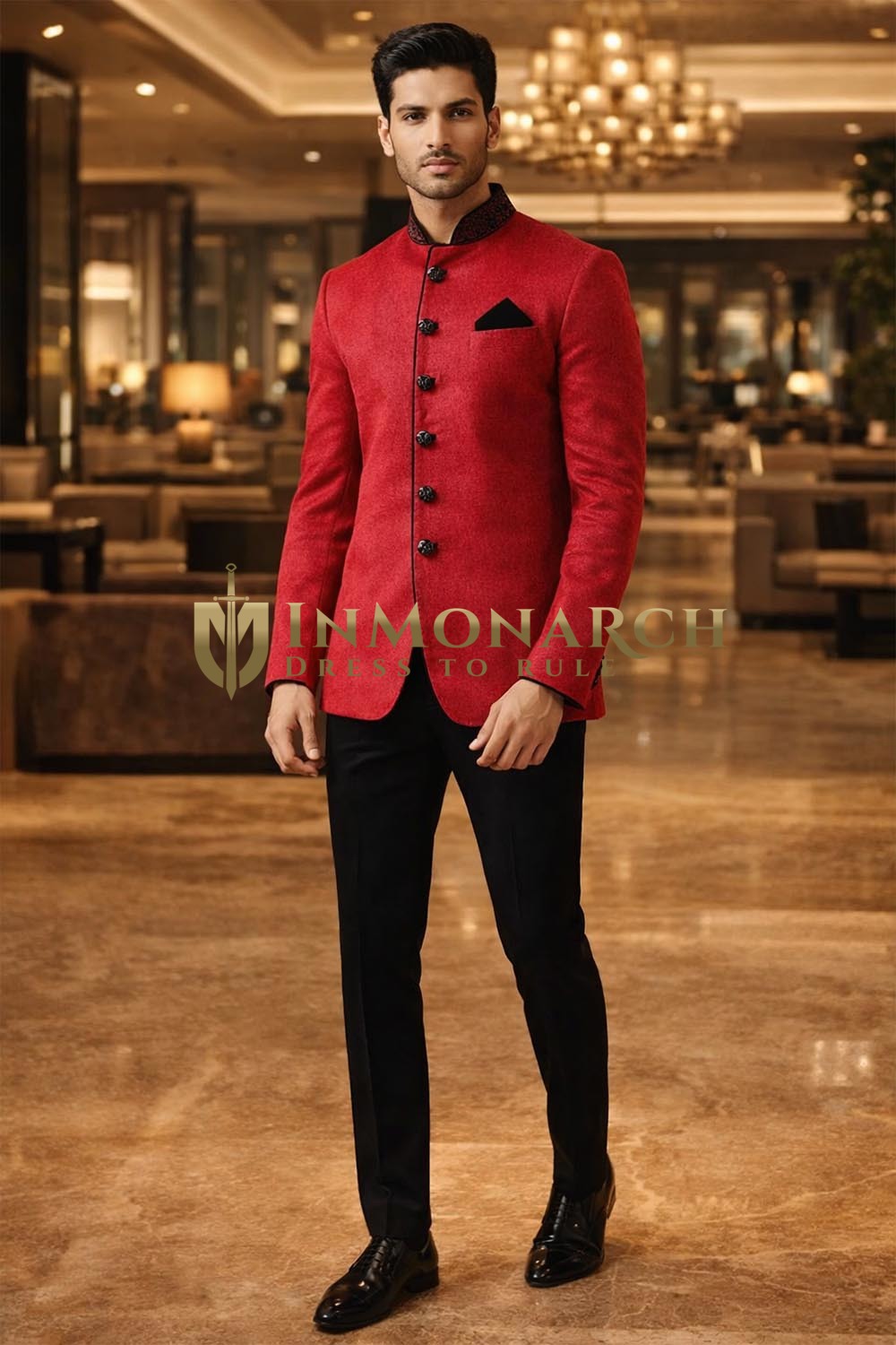 Red Velvet Jodhpuri Suit 3pc Nehru Collar Groom Wedding Partywear