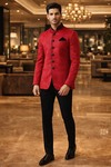 Red Velvet Jodhpuri Suit 3pc Nehru Collar Groom Wedding Partywear