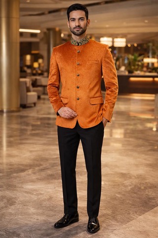 Traje Jodhpuri brocado naranja hombre