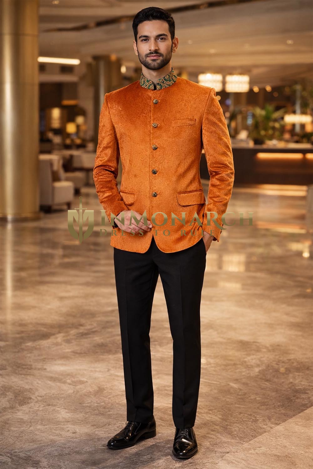 Traje Jodhpuri brocado naranja hombre