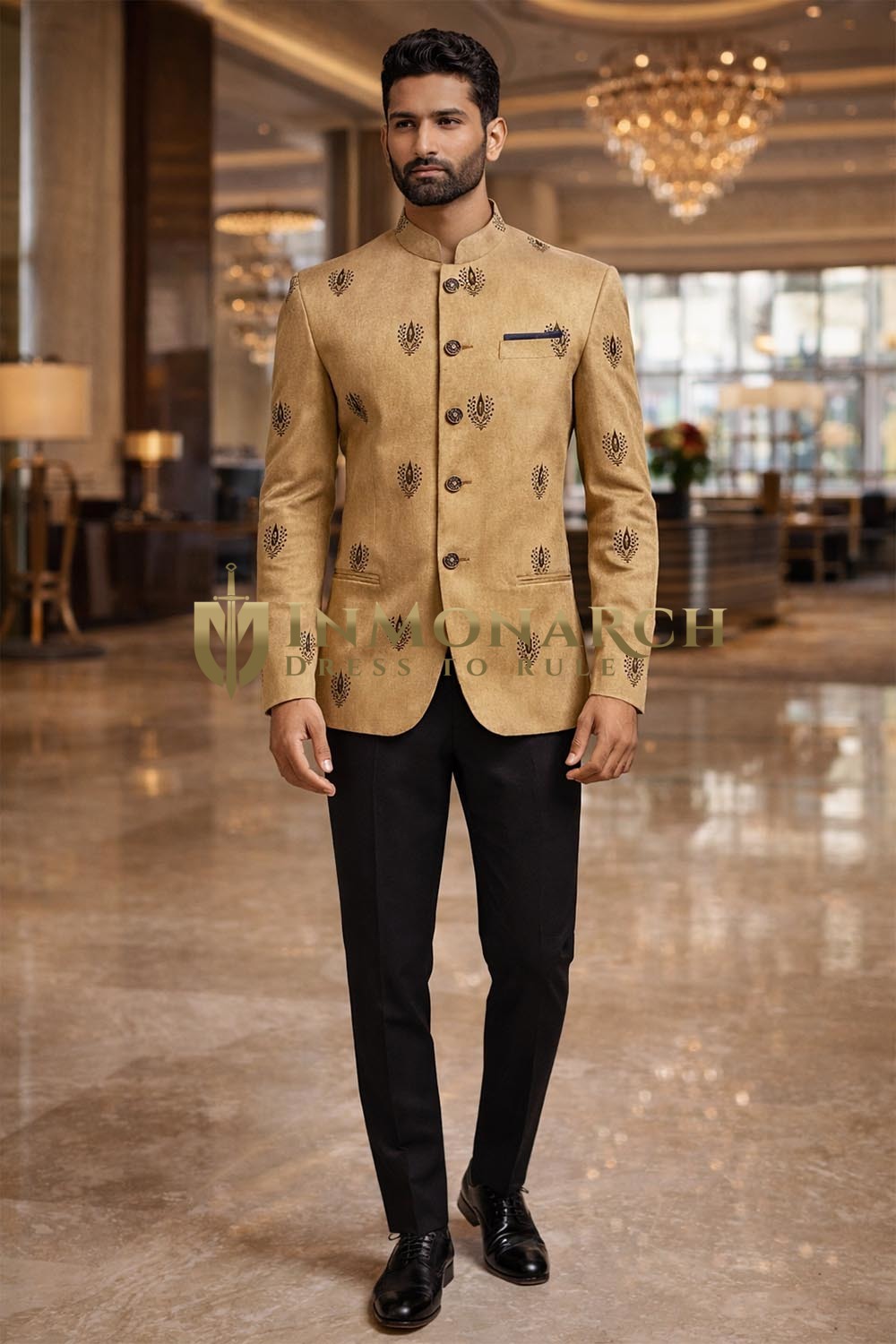 Tan Threadwork Jodhpuri Suit 2pc Nehru Collar Wedding Formal Set for Men