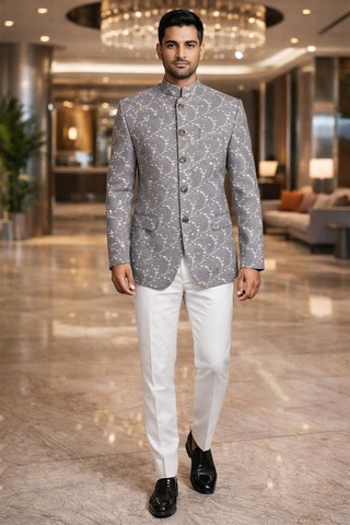 Mens Silver 2pc Jodhpuri Suit Nehru Collar Wedding Reception Outfit White