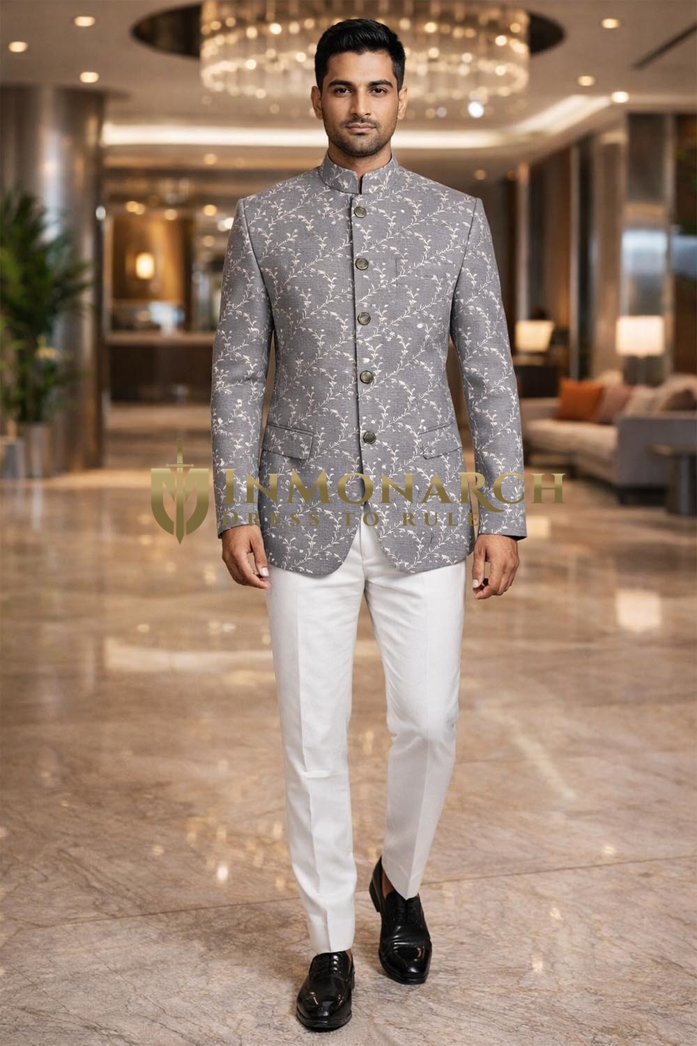 Mens Silver 2pc Jodhpuri Suit Nehru Collar Wedding Reception Outfit White