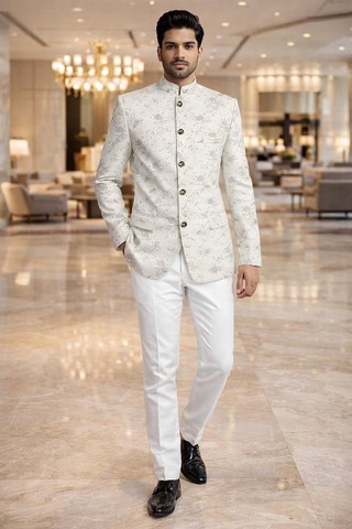 Costume Jodhpuri blanc cinq boutons