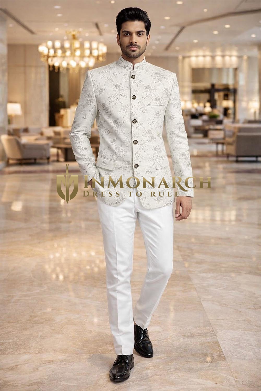 Costume Jodhpuri blanc cinq boutons