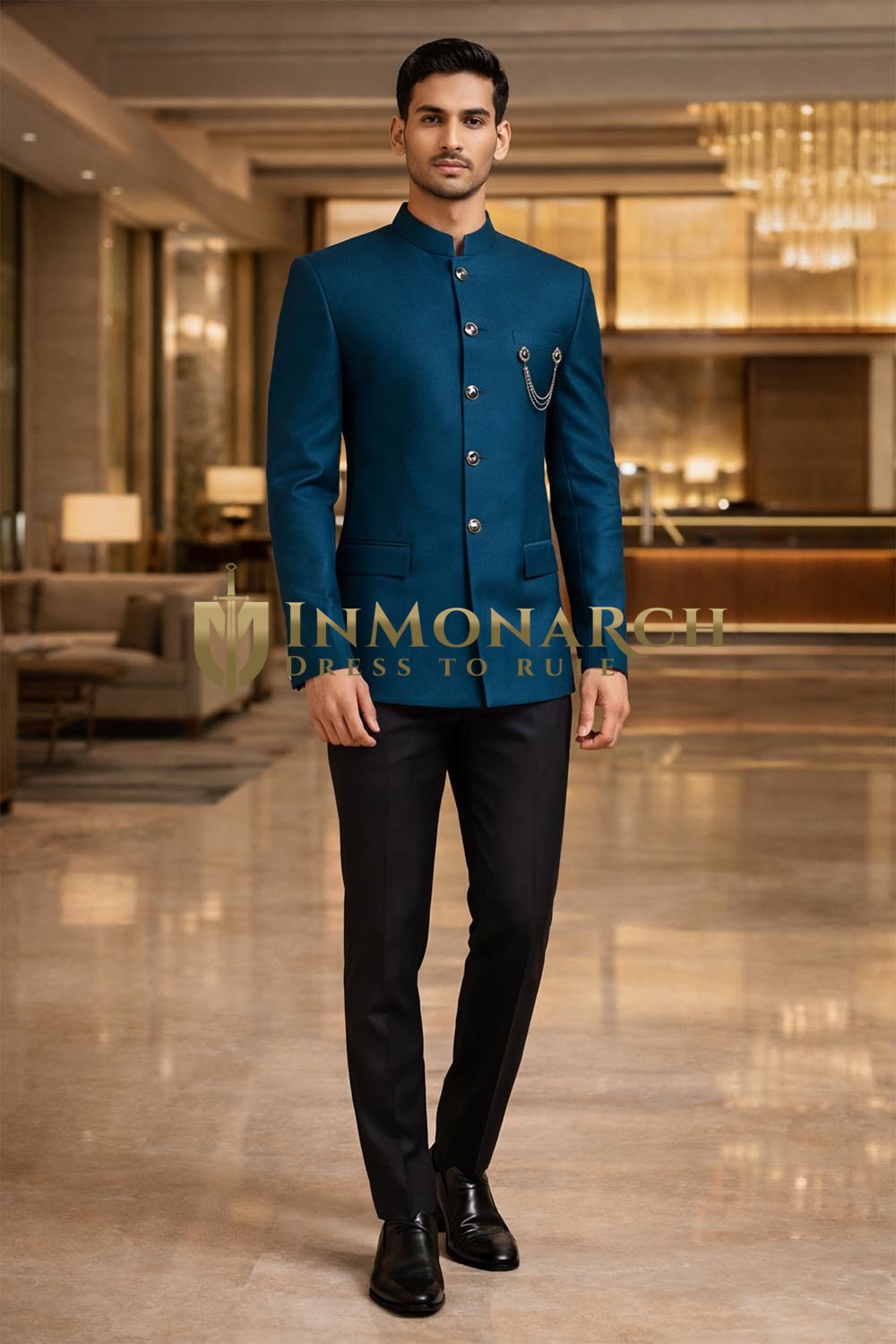 Mens Teal 2pc Jodhpuri Suit Nehru Collar Wedding Evening Outfit Black
