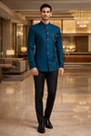 Mens Teal 2pc Jodhpuri Suit Nehru Collar Wedding Evening Outfit Black
