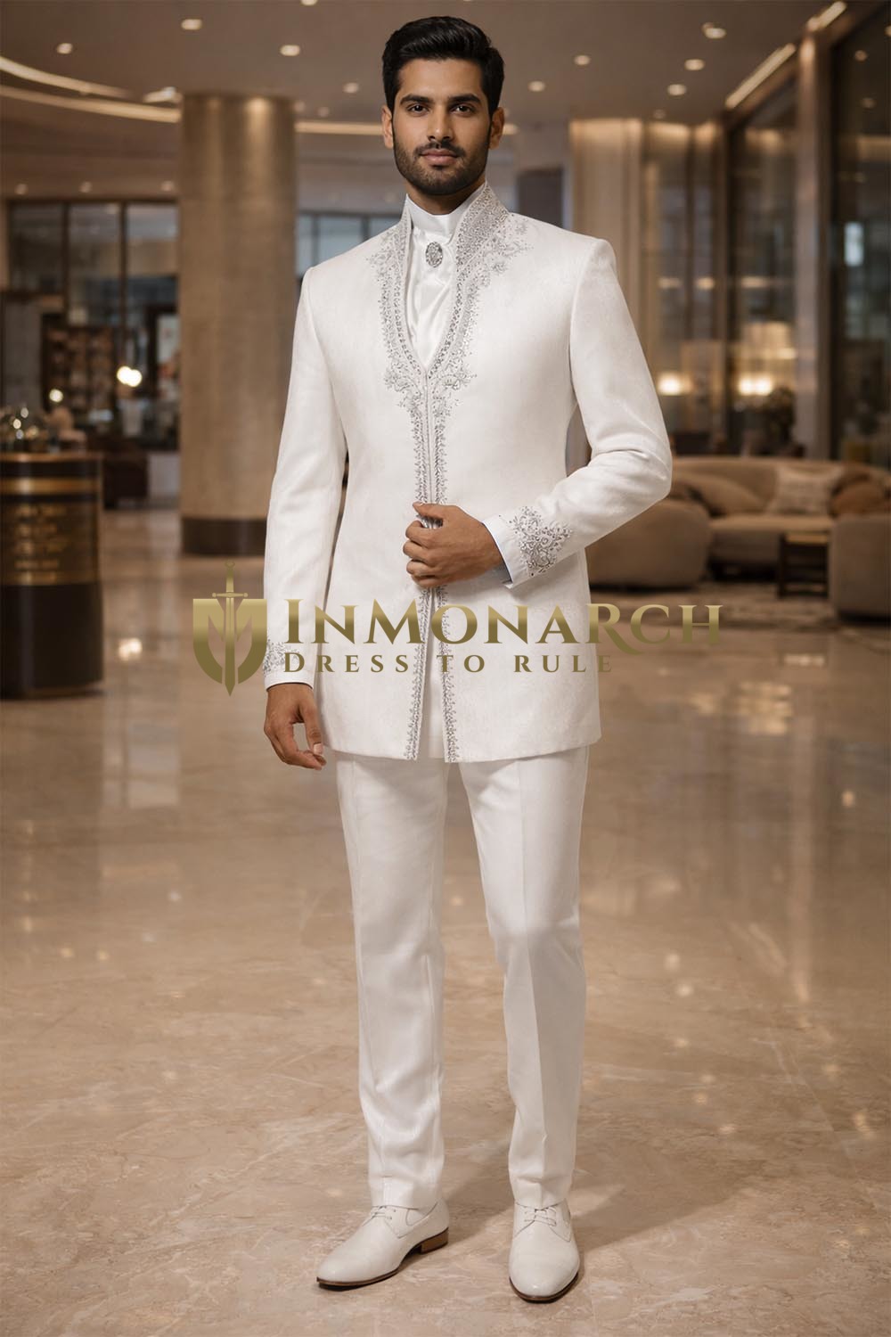 Ensemble Jodhpuri homme brodé blanc