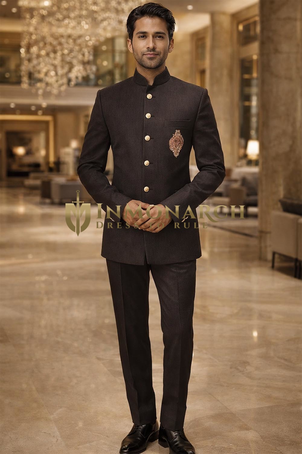 Costume Jodhpuri marron brodé homme