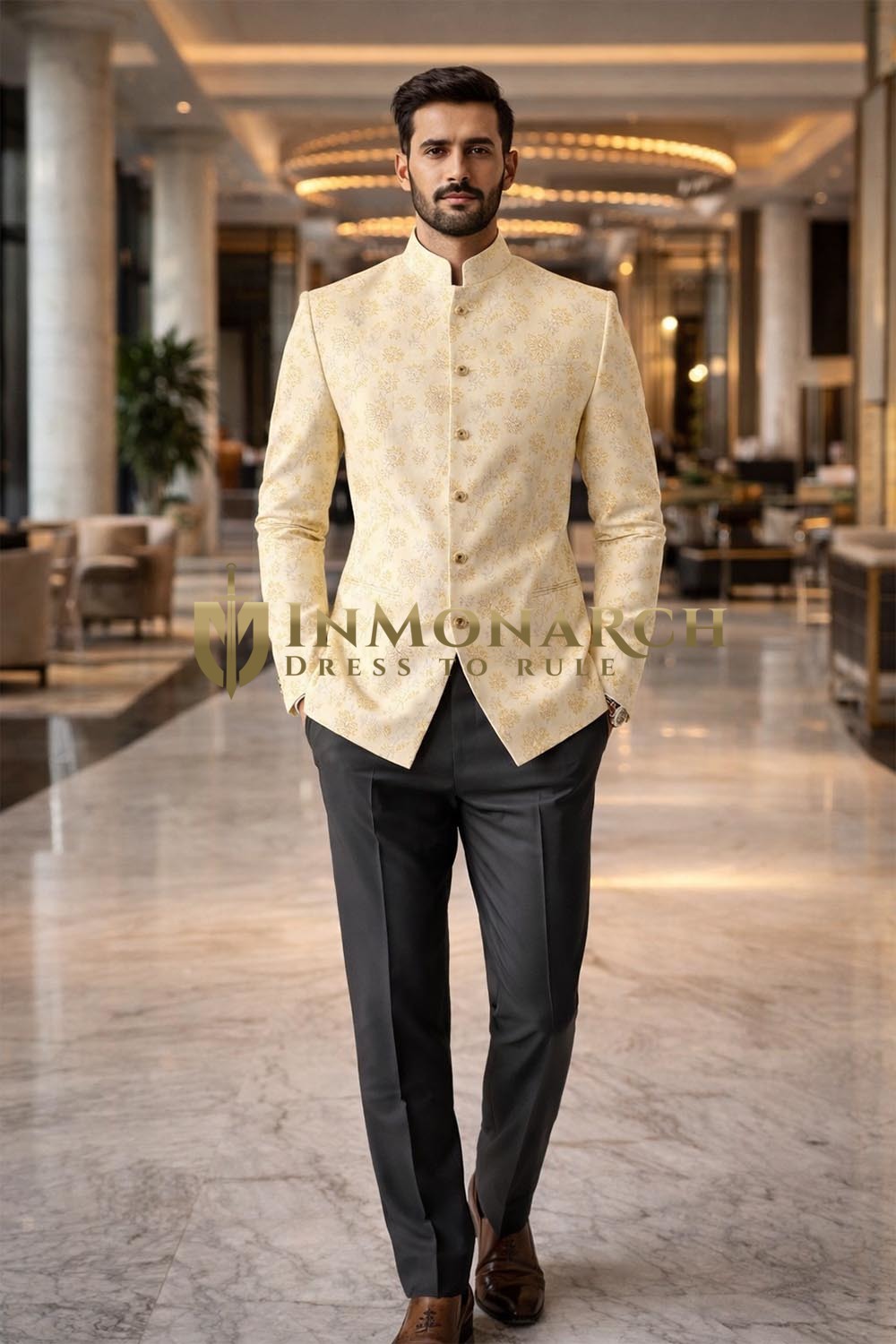 Mens Yellow 2pc Jodhpuri Suit Nehru Collar Engagement Outfit Grey Pants