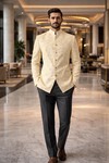 Mens Yellow 2pc Jodhpuri Suit Nehru Collar Engagement Outfit Grey Pants
