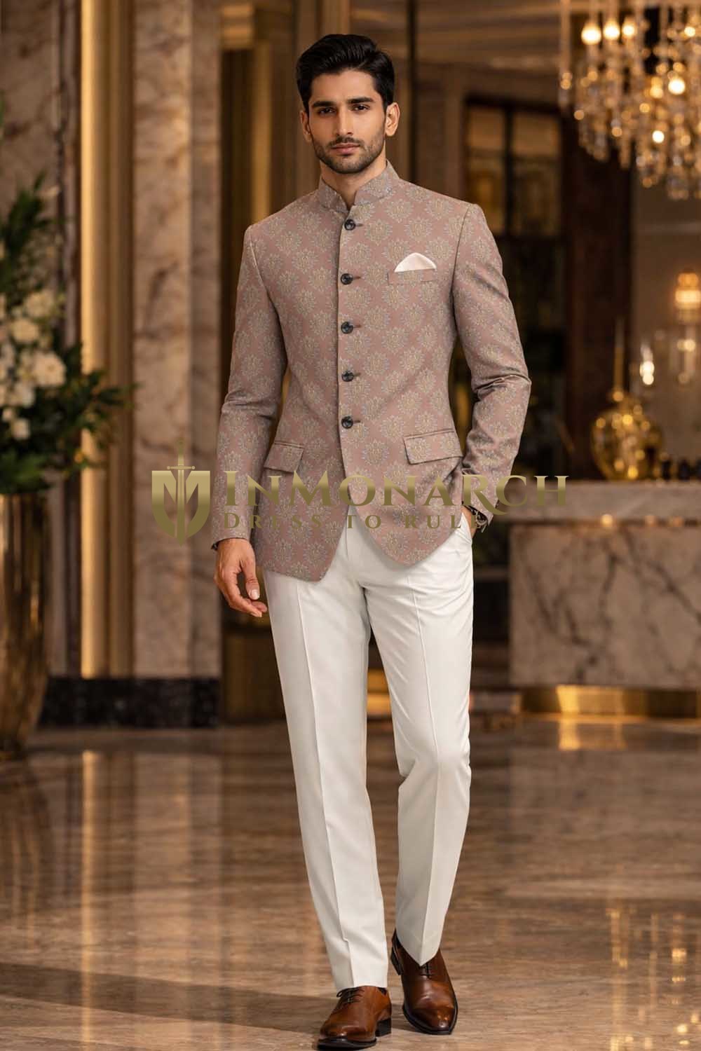 Mens Beige Jodhpuri Suit 2 Piece Nehru Collar Groom Wedding Regal Designs Outfit