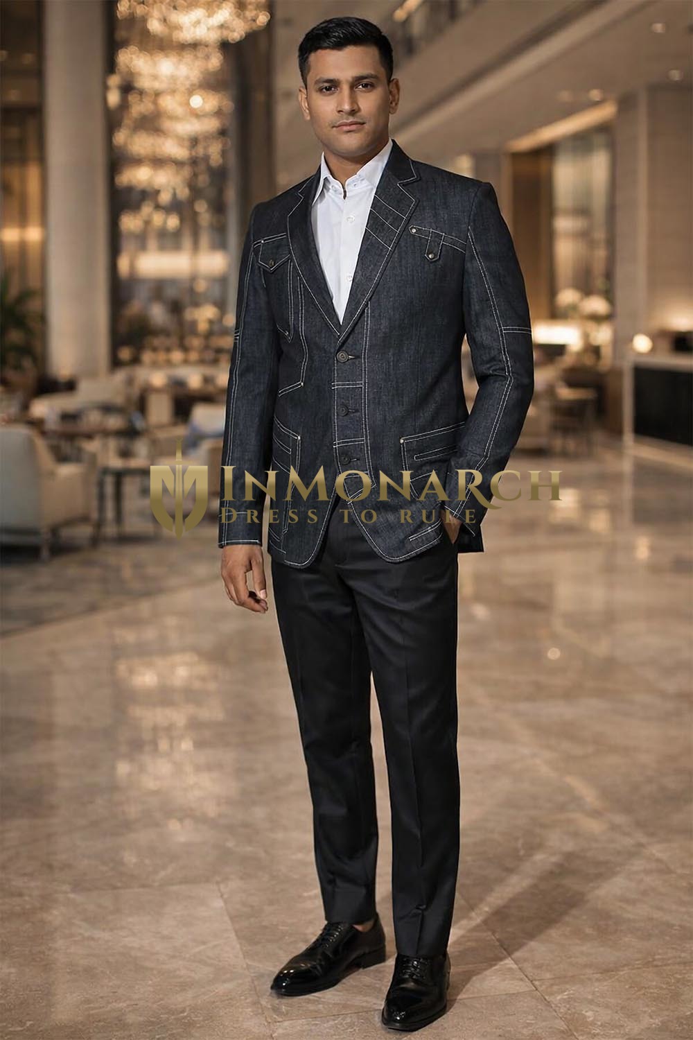 Mens Dark Blue Notch Lapel Blazer Contemporary Formal Jacket for Men Wear