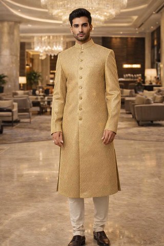 Mens Golden Sherwani for Groom Wedding Embroidered Brocade Royal Ethnic Wear