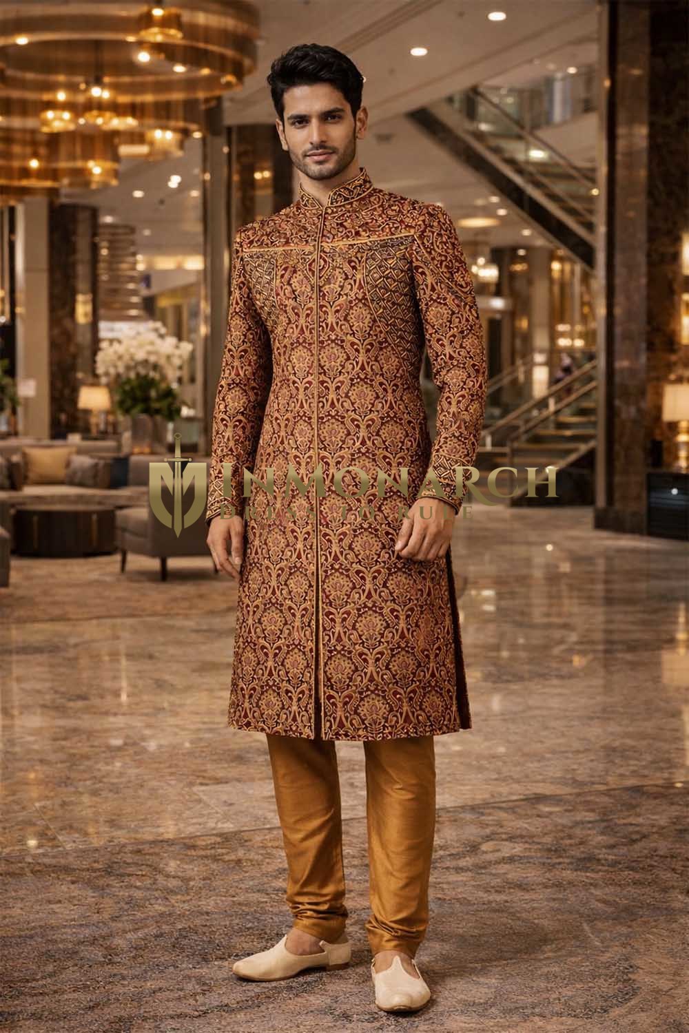 Mens Maroon Velvet Sherwani for Groom Wedding Embroidered Royal Ethnic Wear
