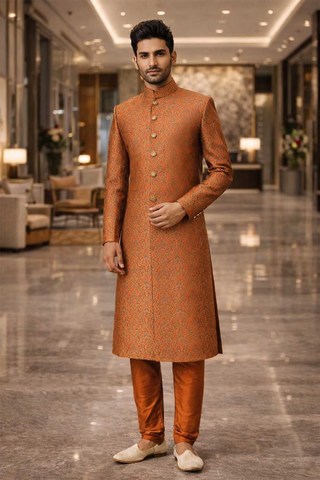 Sherwani Bräutigam Orange 7 Knöpfe Bordeaux