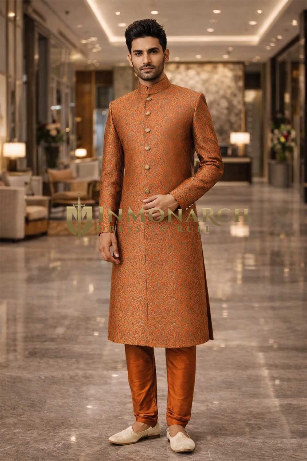 Sherwani Bräutigam Orange 7 Knöpfe Bordeaux