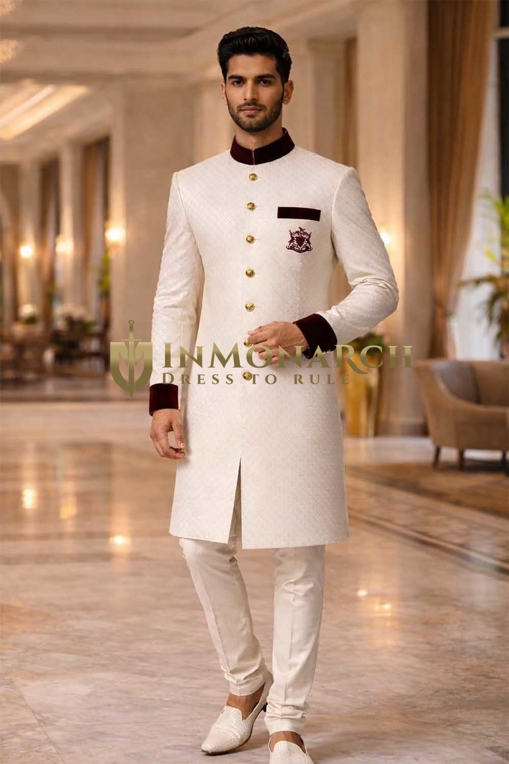 Mens Cream Brocade Sherwani for Groom Wedding Velvet Trim Royal Ethnic Wear