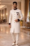 Mens Cream Brocade Sherwani for Groom Wedding Velvet Trim Royal Ethnic Wear
