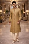 Mens Golden Dupion Silk Sherwani for Groom Wedding Embroidered Royal Attire