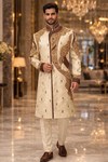 Mens Beige Brocade Sherwani for Groom Wedding Embroidered Royal Ethnic Wear
