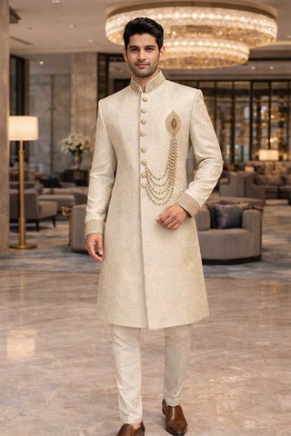 Sherwani brodé doré clair avec chaîne