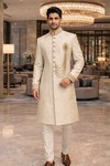 Mens Light Golden Brocade Sherwani for Groom Wedding Embroidered Royal Attire