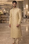 Mens Golden Dupion Sherwani for Groom Wedding 3 Piece Embroidered Royal Wear