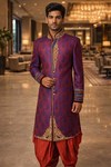 Mens Regency Purple Brocade Sherwani 2Pc Groom Wedding Embroidered Suit